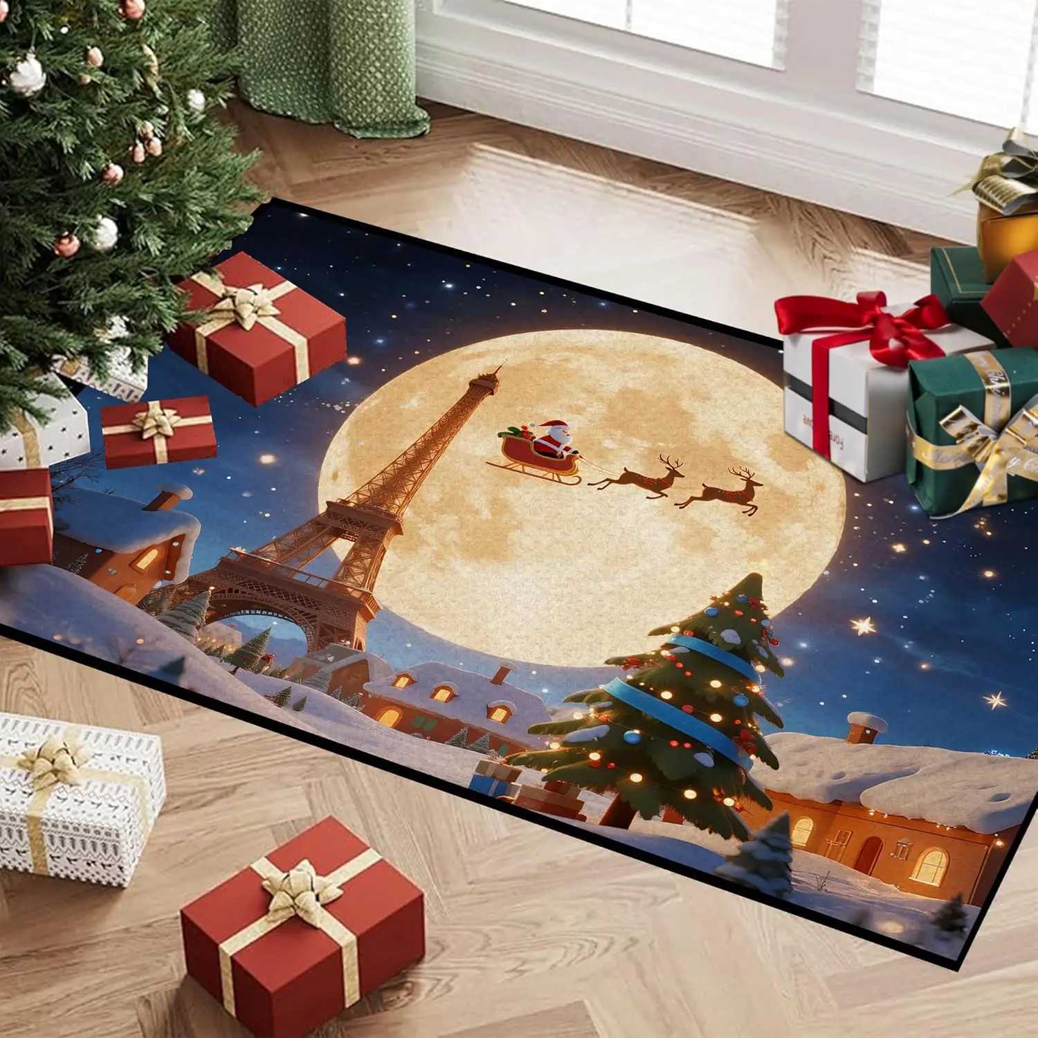 Christmas Rugs for Bedroom Santa Claus Holiday Decor Area Rugs with Eiffel Tower Xmas Kitchen Rug Romantic Night Santa ClausM251126
