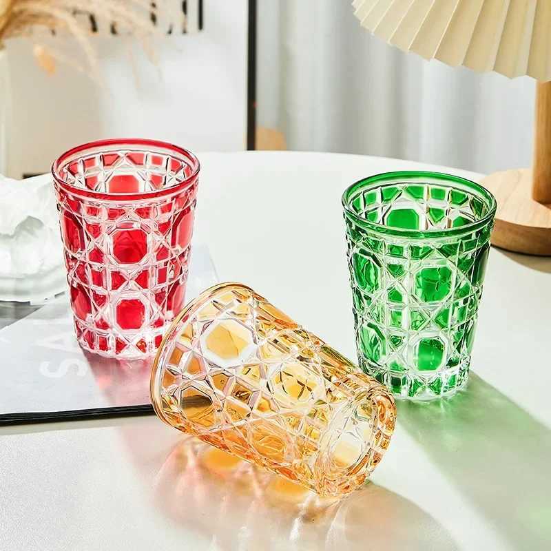 European-Style Colored Plaid Creative Whiskey GlassesBeer Steins Handmade Carved Tumbler Glass Water Cup Wine Mug Geometric C251126