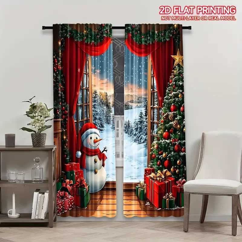 Curtain Christmas 2pcs Joyful Snowman Christmas Pattern Curtains Festive Design Light - Filtering Polyester Curtains for Christmas Home Windows Y25112