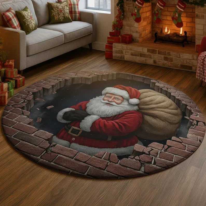 Christmas Santa Workshop 3D Printed Rug Cozy Holiday Illusion Carpet Santa and Elves Floor Mat Christmas Living Room DecorM251126