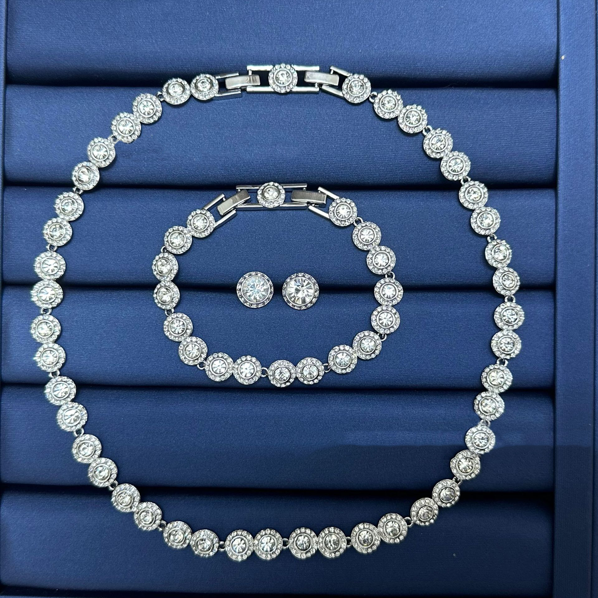 women's set bracelet earrings designer crystal single dia button necklace collarbone chain circular jewelry gift for girls
