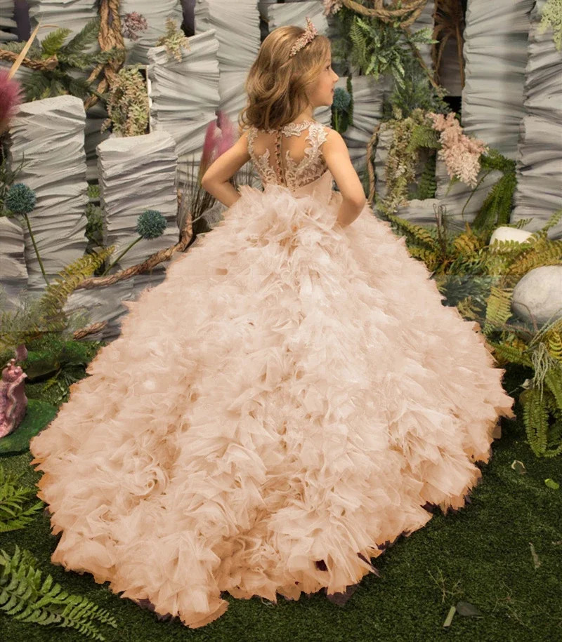 Customized Pink Girl Princess Dress Lace Puffy Flower Girl Dresses Sleeve Cute Girl Birthday Dress Wedding Party Baby 251124
