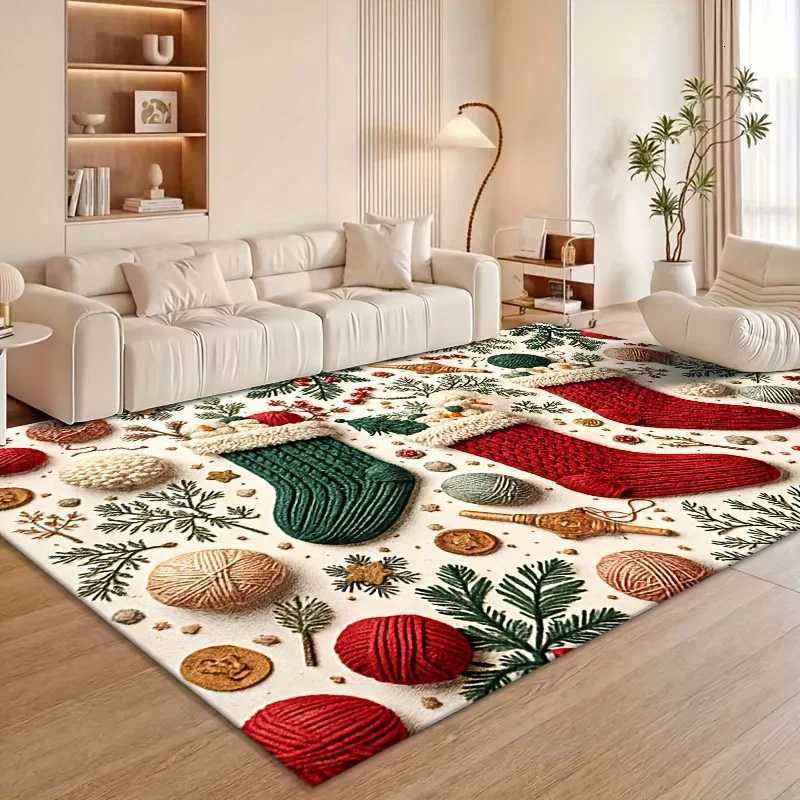Cartoon Christmas Carpet Santa Snowman Rug Reindeer Stocking Mat White Colorful Home Decoration Non-Slip Living Room Floor MatM251126