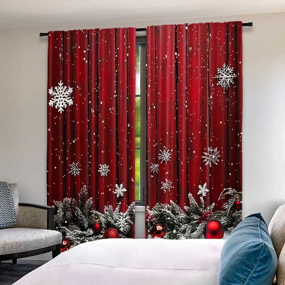 Curtain Christmas 2D flat printing 2pcs Merry Christmas Party Curtains Festive snowflakes and pine branches Digital Printed Polyester Drapes Y251126