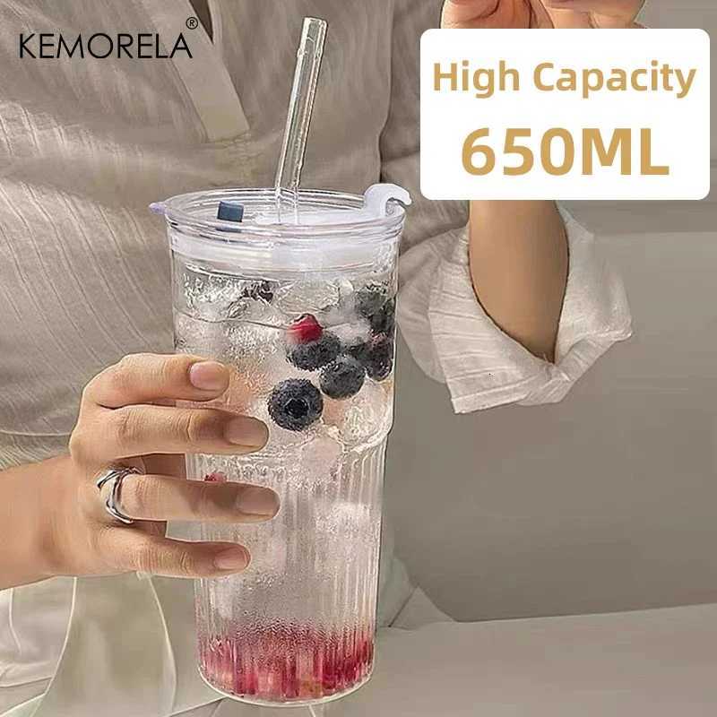 600ML Stripe Glass Cup with Lid and Straw Transparent Drinking Glasses for Juice Iced Coffee Water Cup Outdoor Drinkware Mug C251126