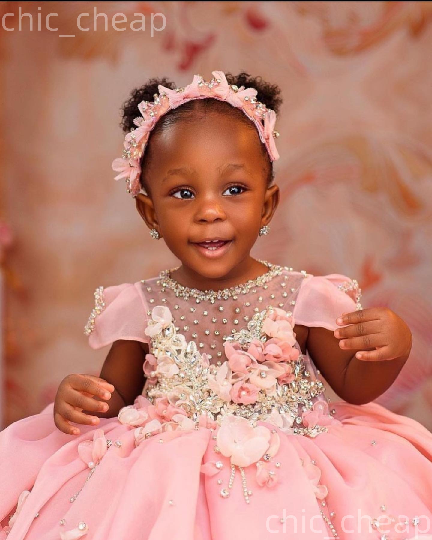 2026 Pink Ball Gown Flower Girl Dresses Sheer Neck Flowers Crystals Organza Elegant Little Girl Christmas Peageant Birthday Christening Tutu Dress Gow