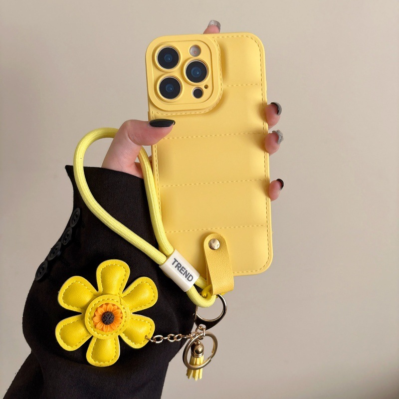 Solid Color Phone Case Compatible with iPhone 17 Pro Max Lanyard Sunflower Protective Case iPhone 16/15 Pro