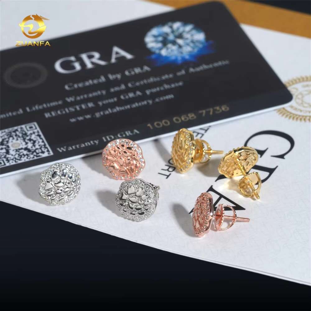 New Arrivals Hip Hop Gold Plated GRA Certificate Nugget 925 Sterling Silver Men Moissanite Earrings