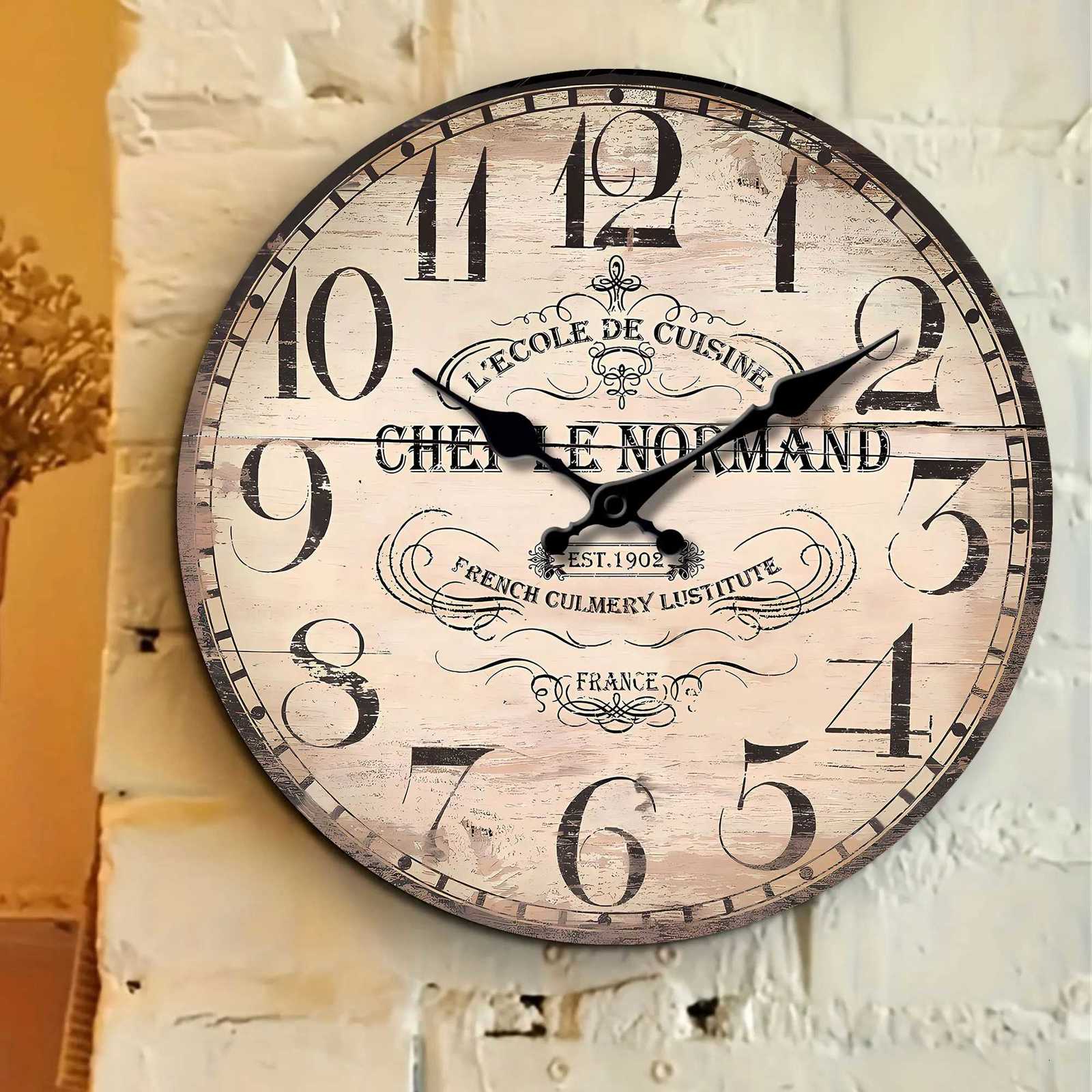 1pc Wooden veneer wall clock wall clock designed with vintage wood texture and French Culinary school theme Silent clock - for C251126