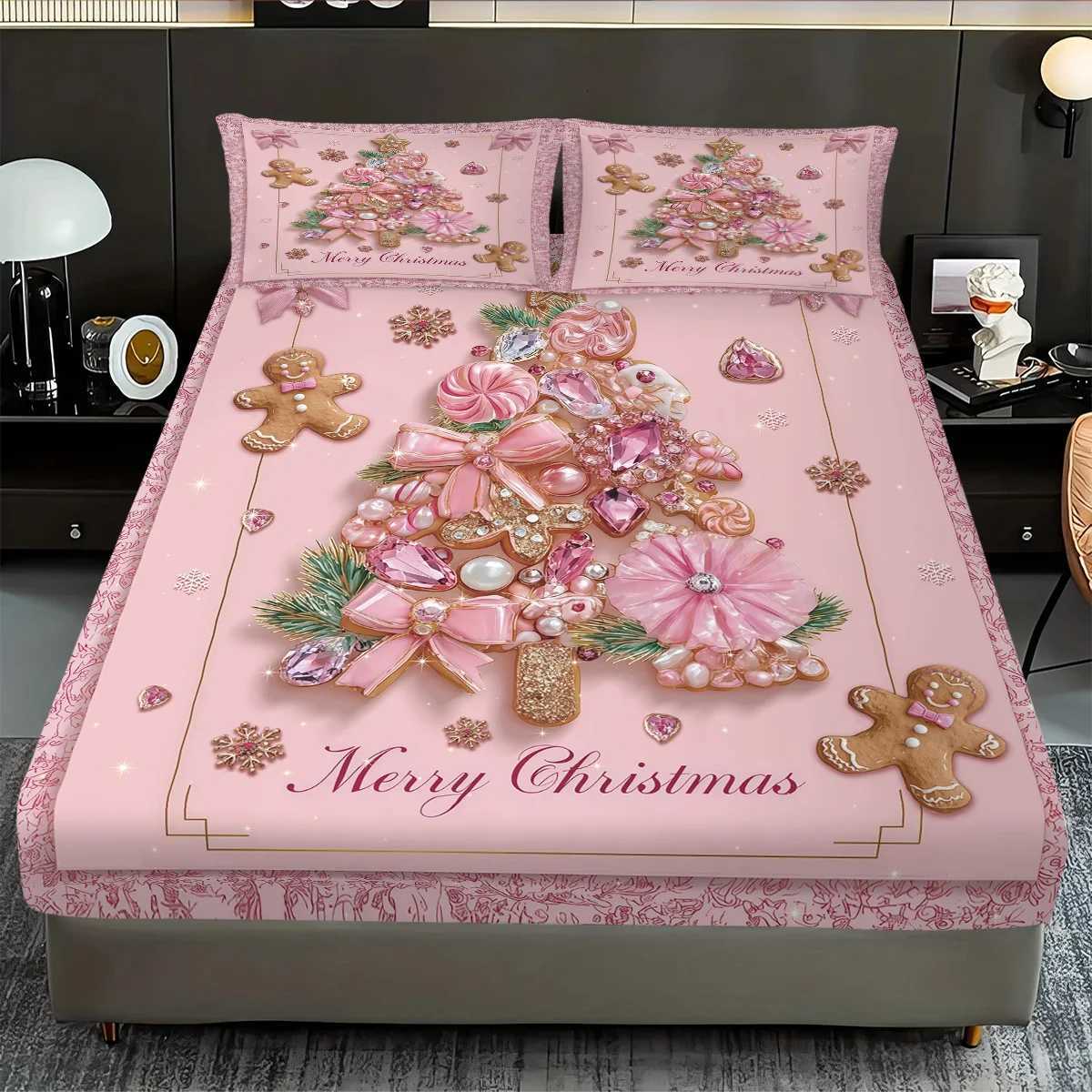 Christmas 3pcs pink Christmas Tree Gingerbread man Print Coreless Bed Sheet Set Multi Size Bedcover Bedroom Bedding Holiday Decorations Y251126