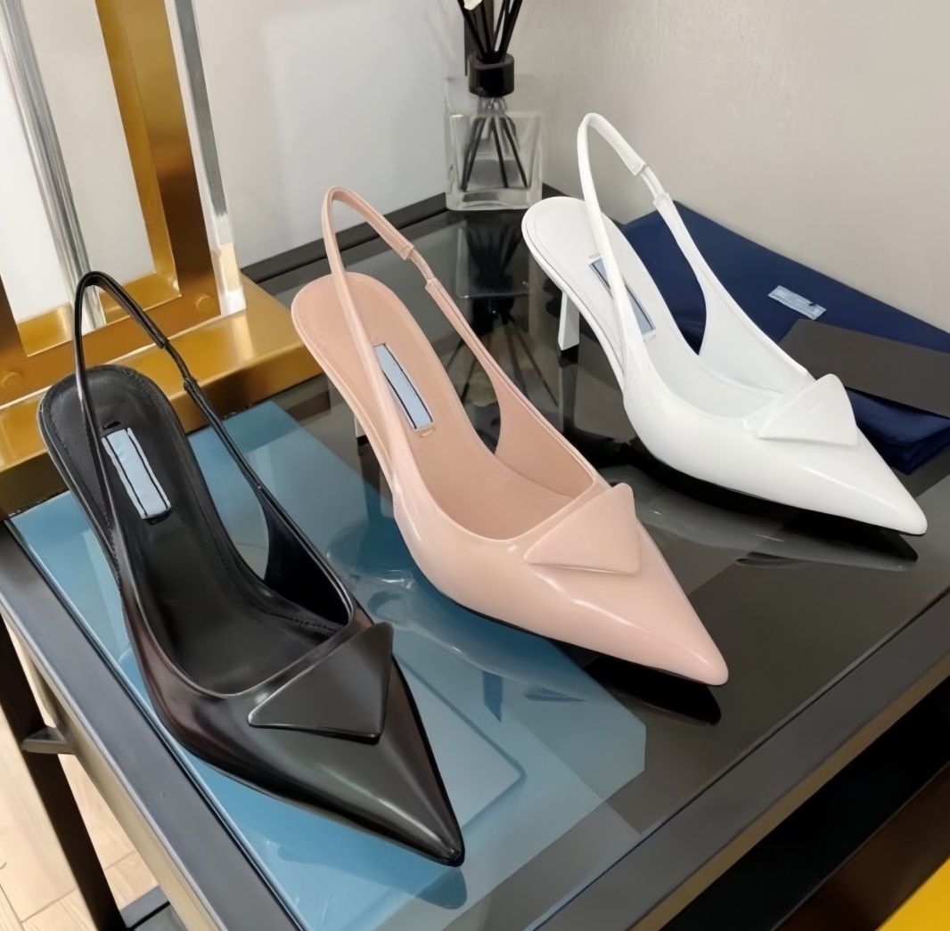 Heels Luxury Women Designer Sandals Pointed Toes Shoes Triangle Sign 35mm 75mm White Black Leather Sandals Summer size 35-40