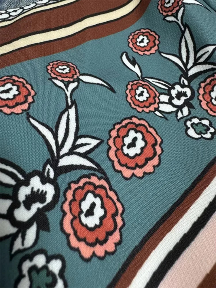Female Vintage Floral Printed Patchwork Jeans Women High Waist Slim Fit Casual High Street Flared Pants Trousers 250425