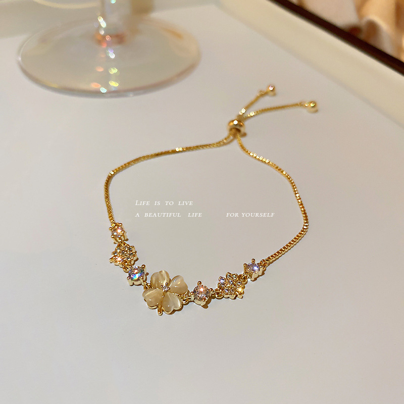 Real Gold Plated Korean Style Trendy Summer New Fashion Super Fairy Temperament Inlaid Diamond Cat's Eye Stone Petal Flower Bracelet Jewelry - view 5