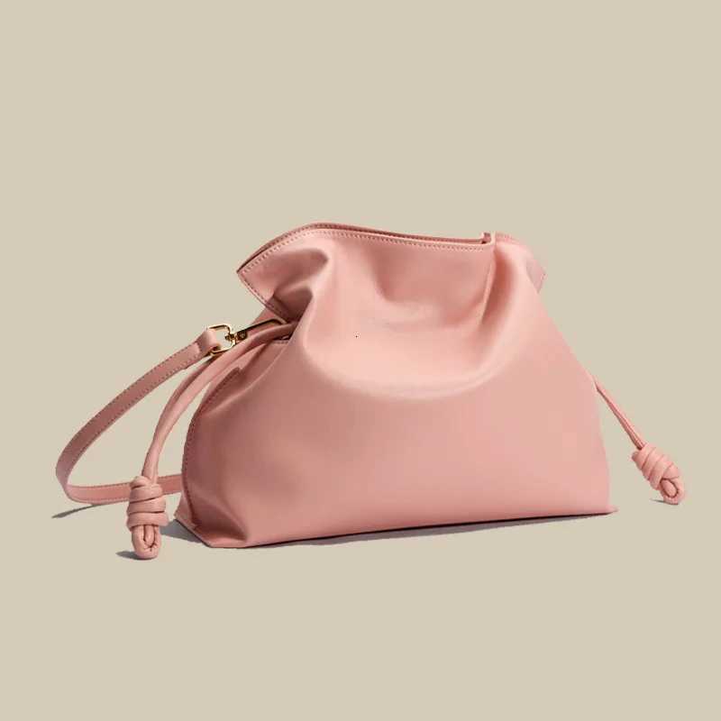 New Ruched Design Solid Color String Close Gift Lucky Pouch Handbag Cowhide Leather Women Shoulder Bag 2 Size Daily Purse K251126