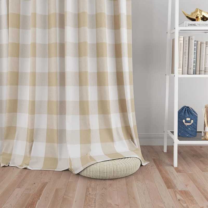 Curtain Christmas 1pc farmhouse khaki grid through pole curtains suitable for bedrooms living rooms and study rooms Y251126