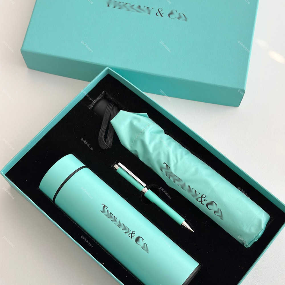 Designer Umbrella Executive Gift Box Trio - 8-Rib All-Brass Compact Umbrella Copper Thermos Flask Brass Fountain Pen Set Z251125