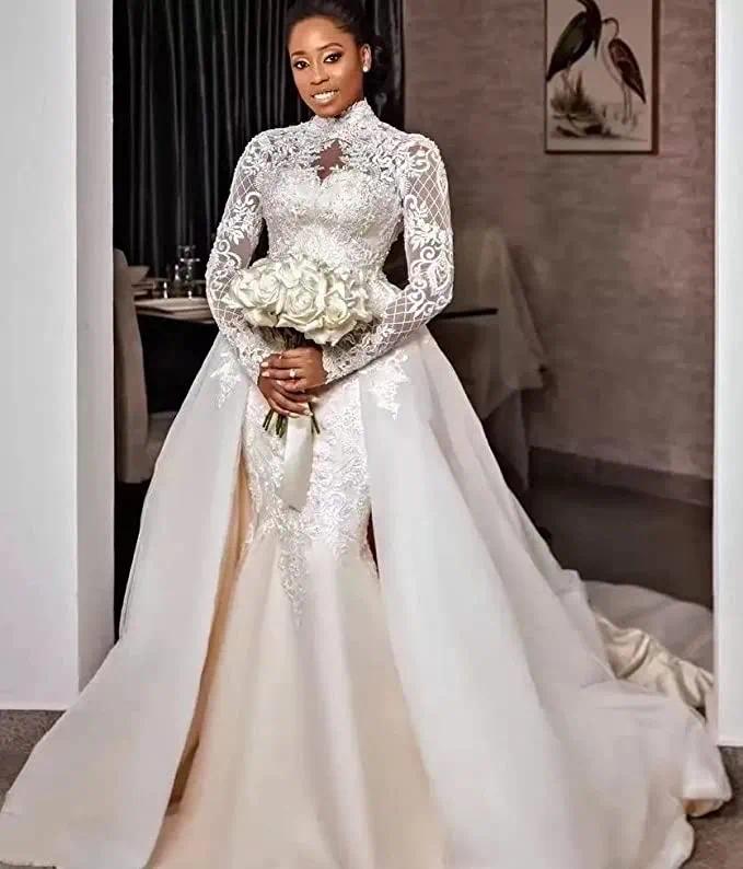 African Mermaid Wedding Dress Detachable Train High Neck Lace Appliques Arabic Bridal Gowns Long Sleeves Robe De Mariage N26 B0320