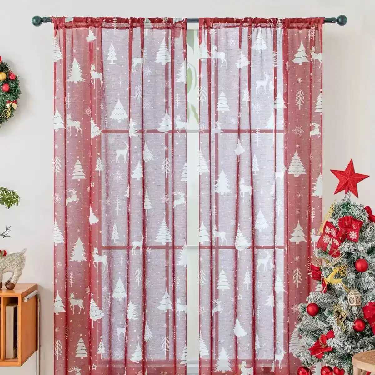 Christmas Christmas Red Snowflake Sheer Curtain Festive Window Decor for Holiday Living Room Dining Room Y251126