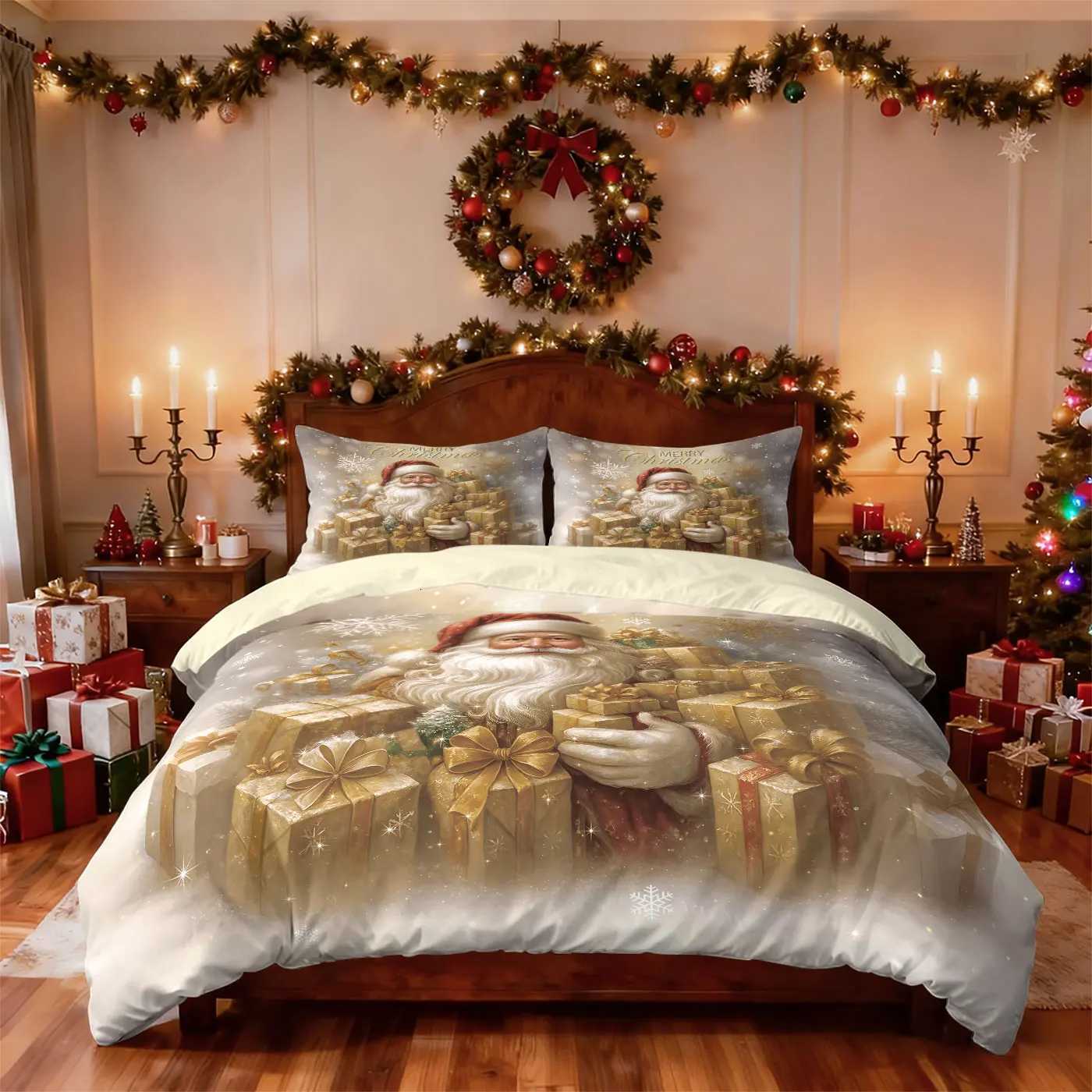 Christmas 3pcs Golden Santa Claus Printed Chipless Bedding Set Soft and Comfortable Dormitory Bedroom Multiple Sizes Machine Washable Y251126