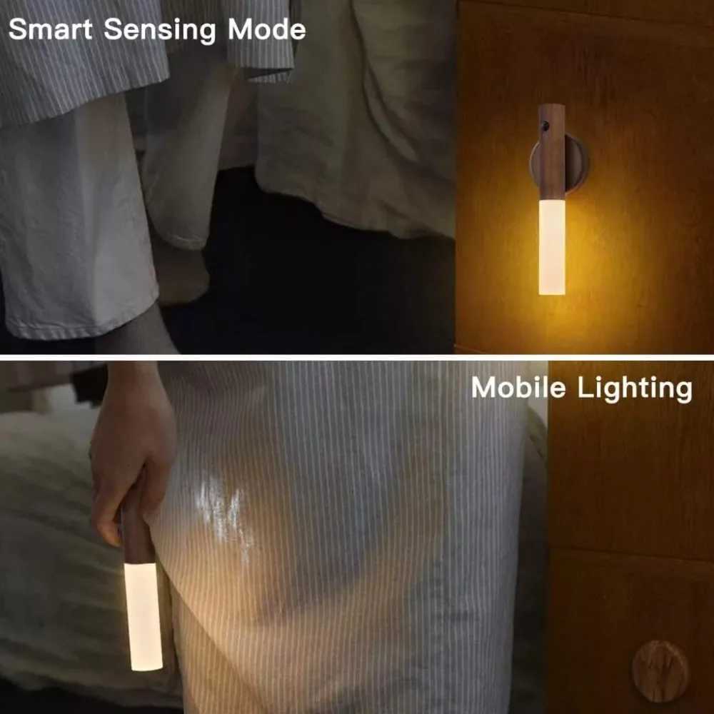 Auto LED Night Light Magnetic Wooden Multifunctional Smart Motion Sensor USB Rechargeable TYPE-C Wireless Closet Wardrobe Lamp M251126