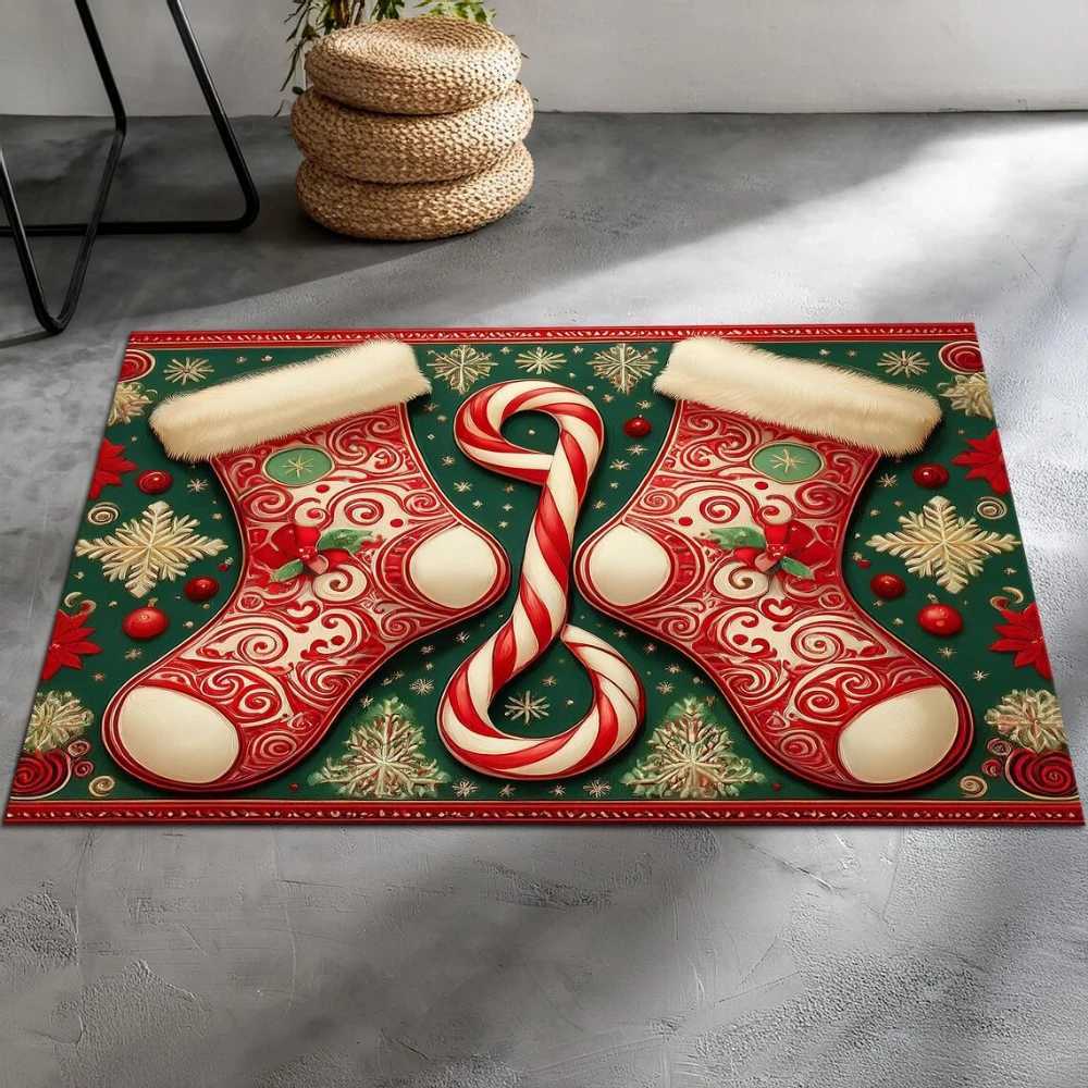 Festive Christmas Doormat Stocking Candy Snowman Tree Design FloorMat for Living Room Bedroom Holiday Decor Winter Seasonal GiftM251126