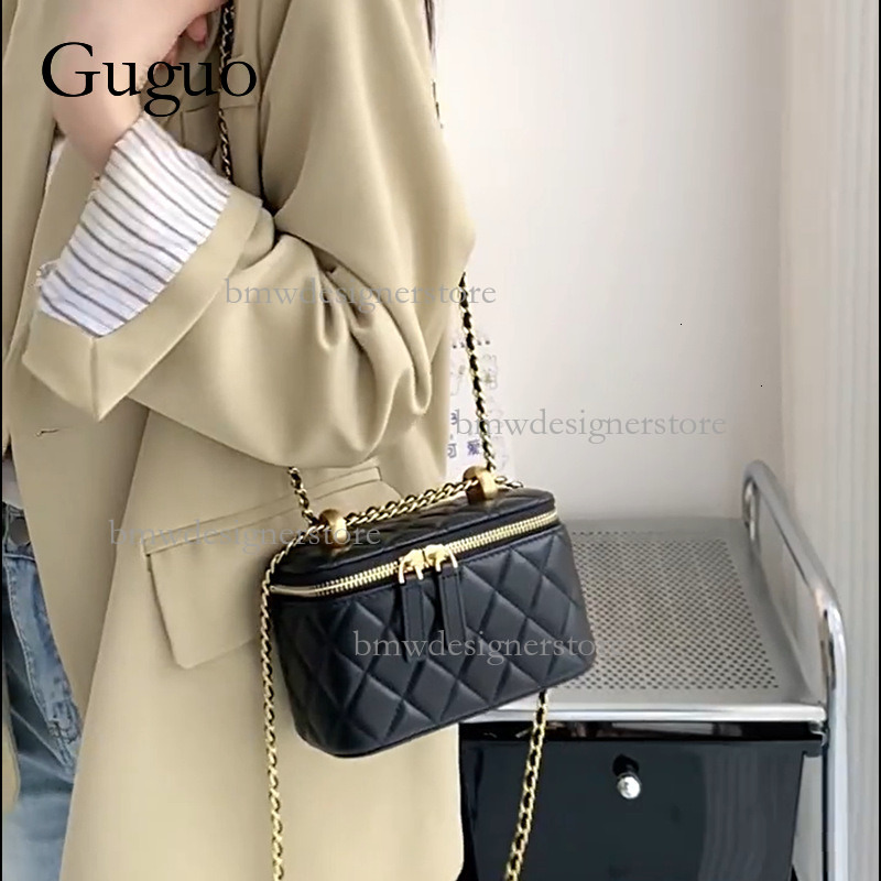 Guguo Designer Luxury Leather Mini Shoulder Bag Sheepskin Totem Box Handbag Women's Fashion Golden Ball Chain Lipstick Crossbody Bag Chanel Style