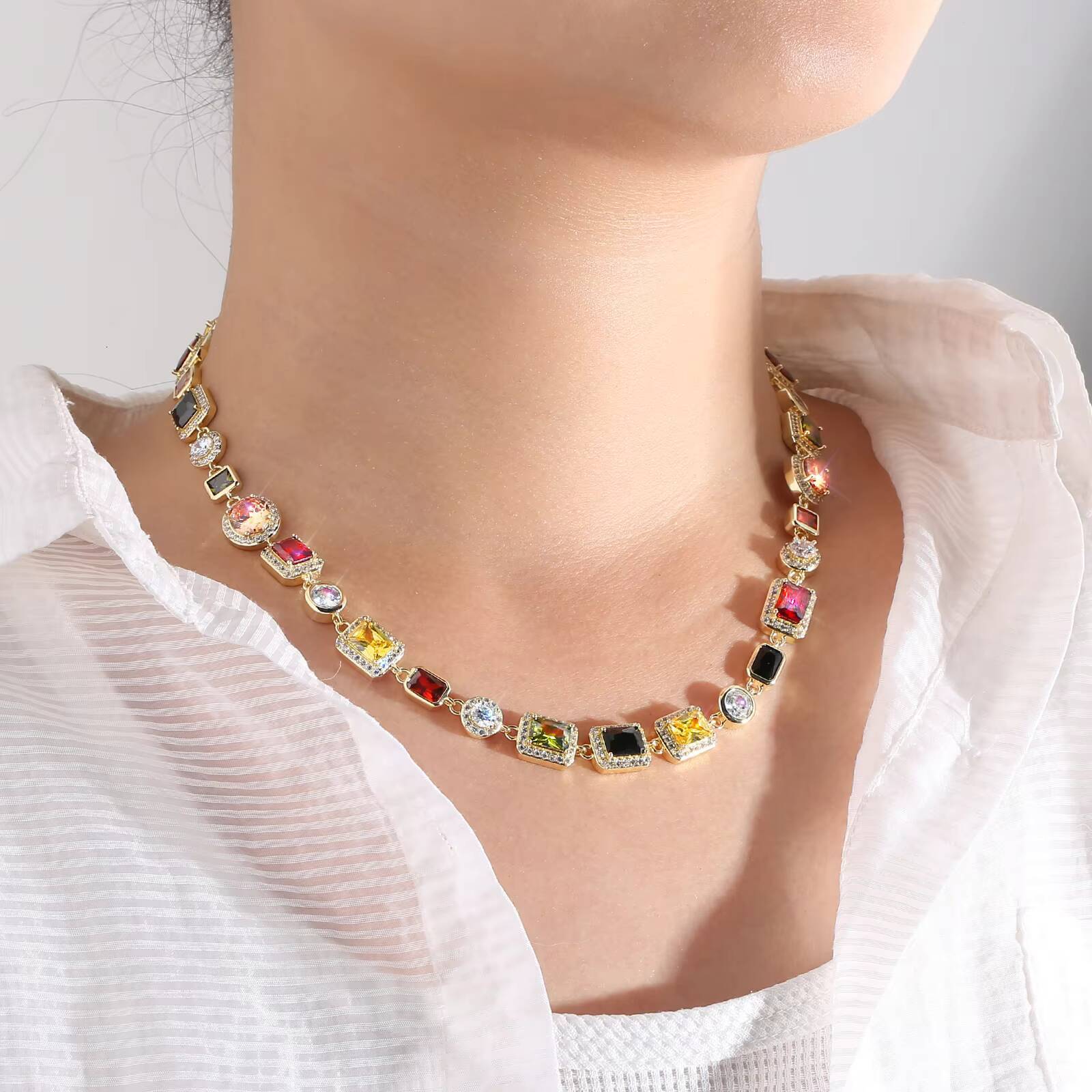 Luxurious Gemstone Necklace 18K Gold Plated Cubic Zirconia Emerald Ruby Aquamarine CZ Gem Stones Tennis Chain for Women Men