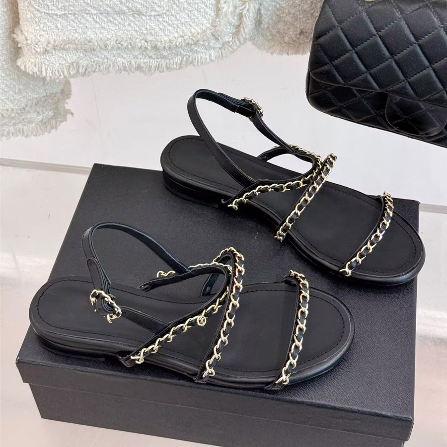 top quality Chain flat sandals Slides Real leather open toes Women's beach shoes Flat heel dress shoes Luxury designer sandals Walking Vacation shoes
