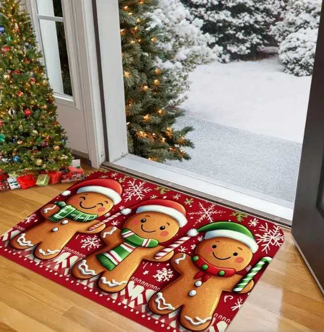 Winter Christmas Doormat Anti Slip Soft Washable Indoor and Outdoor Mats Gingerbread and Snowflake Design Home DecorationM251126