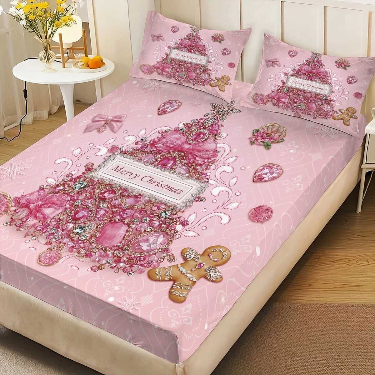 Christmas 3pcs pink romantic Christmas tree print coreless bed sheet set multiple size bed covers bedroom bedding holiday decorations Y251126