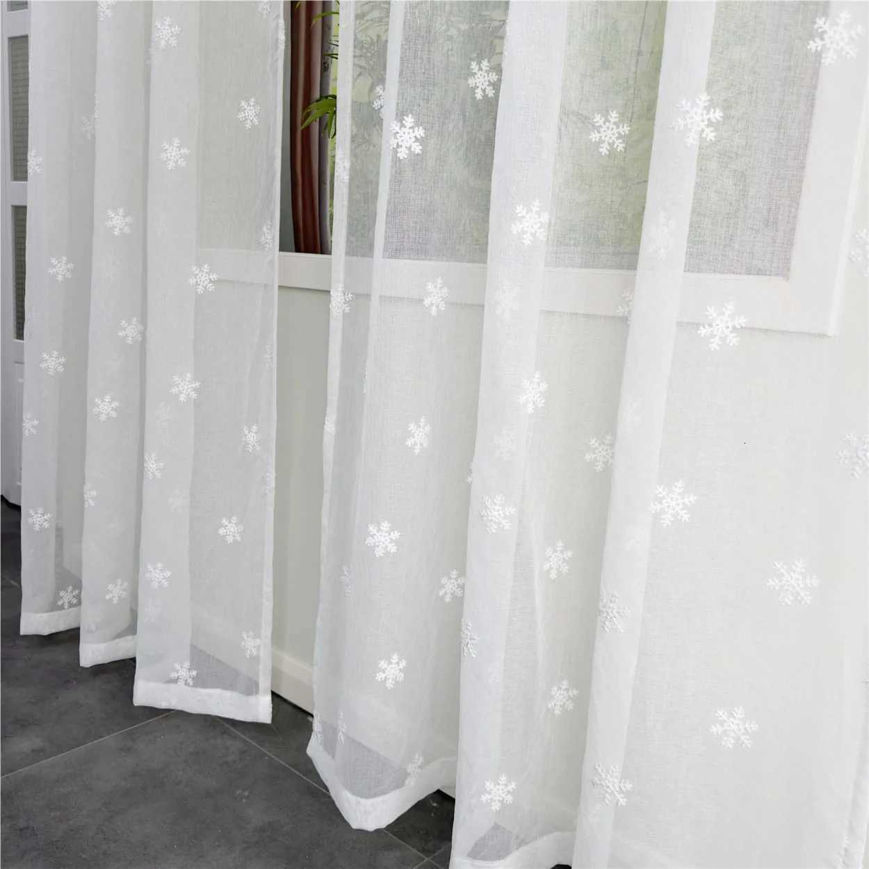 Curtain Christmas Christmas Home Decor White Romantic Snowflake Embroidery Tulle Curtain Imitation Linen Elegant Curtain For Living Room Bedroom Y2511