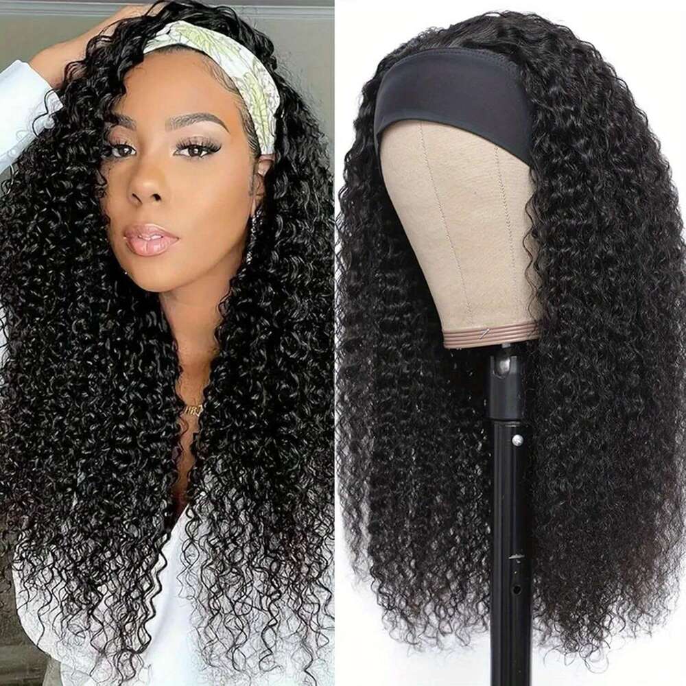 14" Jerry Curly Headband Wig - 100% Human Hair, Glueless, Natural Black, Soft Bouncy Curls, Easy Wear & Go With Stylish Headbands, Breathable Cap