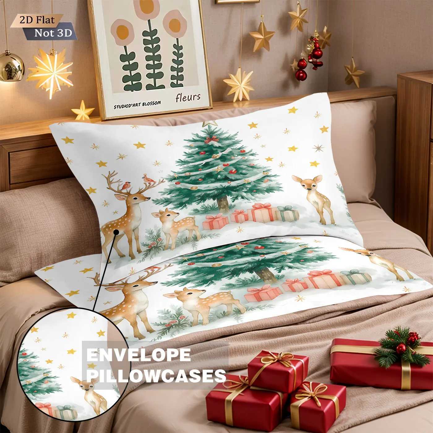 Christmas 3pcs Merry Christmas Cute Deer Printed Core Free Down Duvet Cover Multi Sized Bedroom Holiday Bed Decor Machine Washable Y251126