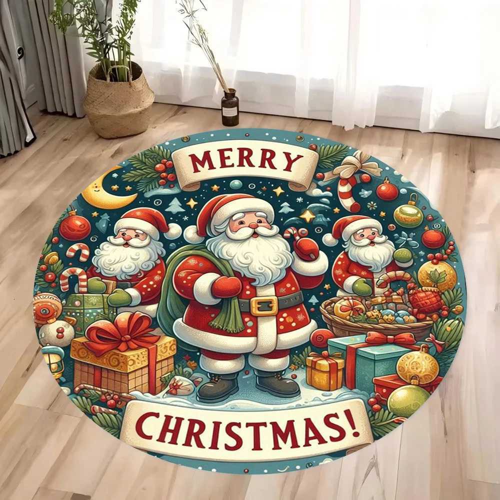 Santa Claus and Sled Round Carpet Christmas Tree Elk Snowman Round Carpet Bedroom Carpet Home Floor Mat Washable Leisure CarpetM251126