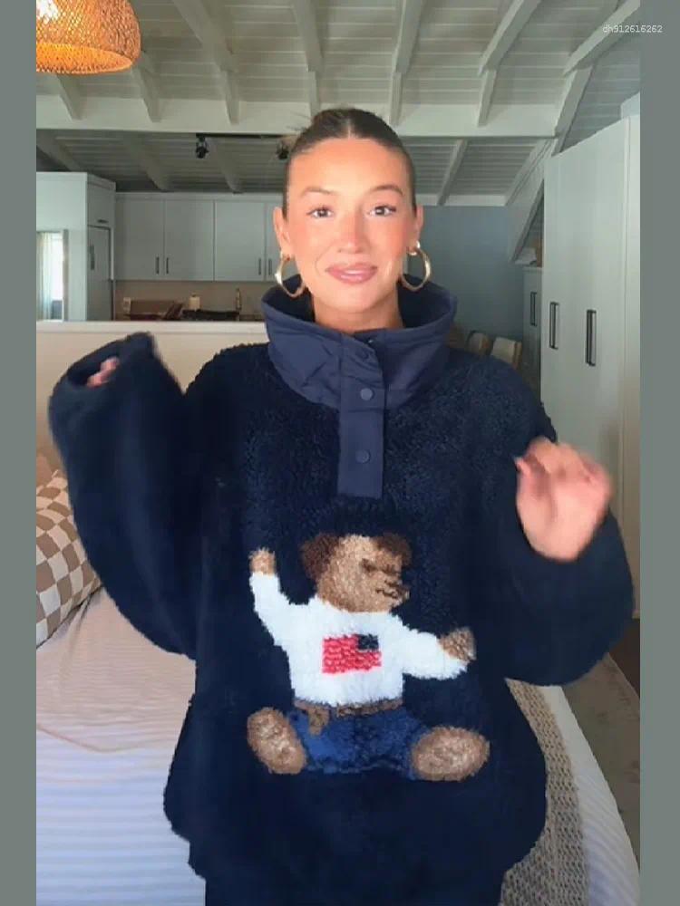 Women's Jackets Casual Printed Lamb Jacket For Women Fashion Stand Neck Full Sleeve Button Loose Overcoat Winter Lady Daily