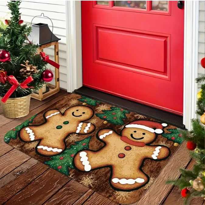 Winter Christmas Doormat Anti Slip Soft Washable Indoor and Outdoor Mats Gingerbread and Snowflake Design Home DecorationM251126