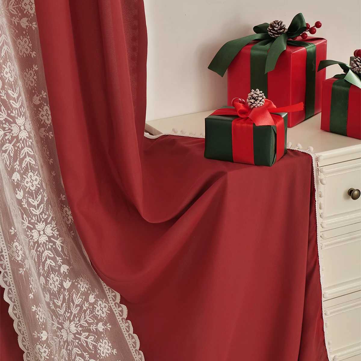 Curtain Christmas 1PC Christmas Red Polyester Pongee Semi-Transparent Snowflake Double-Sided Pom-Pom Rod Pocket Curtains Suitable for Christmas Y25112