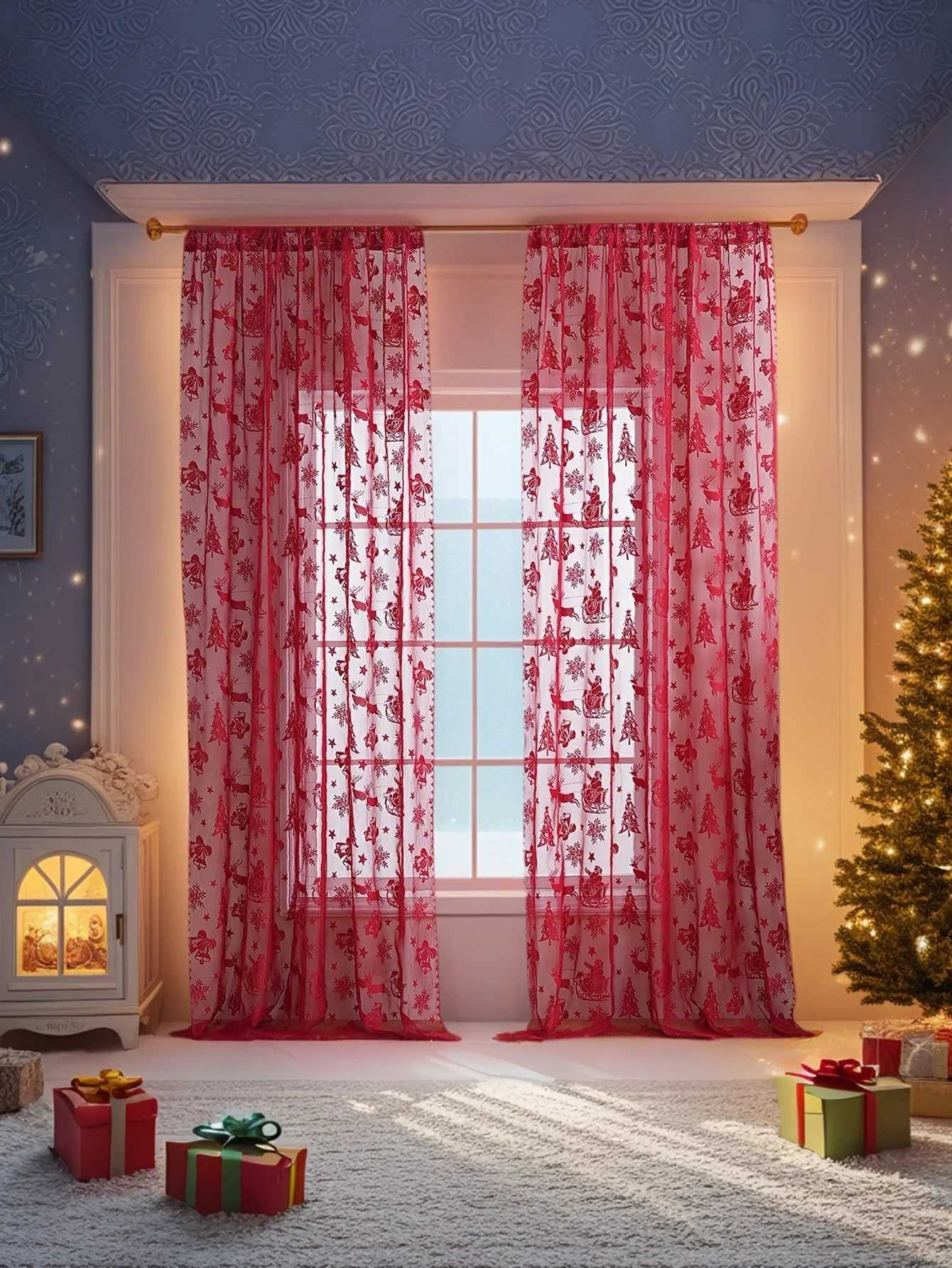 Curtain Christmas American Red Lace Sleigh Santa Christmas Curtains for Living Room Bedroom Window Festive Atmosphere Decorative Y251126