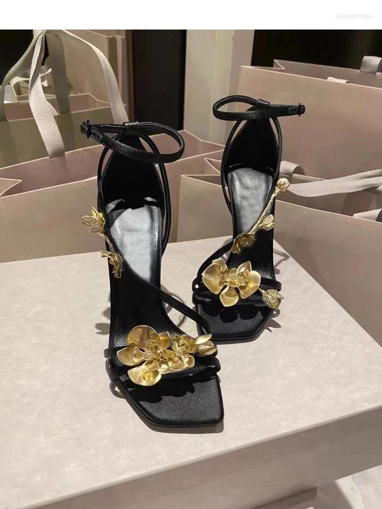 Sandals Arrival Summer Gold Flower Design High Heels Shoes Woman Sandalias Mujer Black Lady Pumps Metal Decoration Slippers