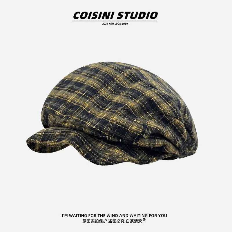 Japanese Retro Contrasting Color Plaid Berets for Women Spring and Autumn Casual Versatile Show Face Small Literary Painter Hat J251125