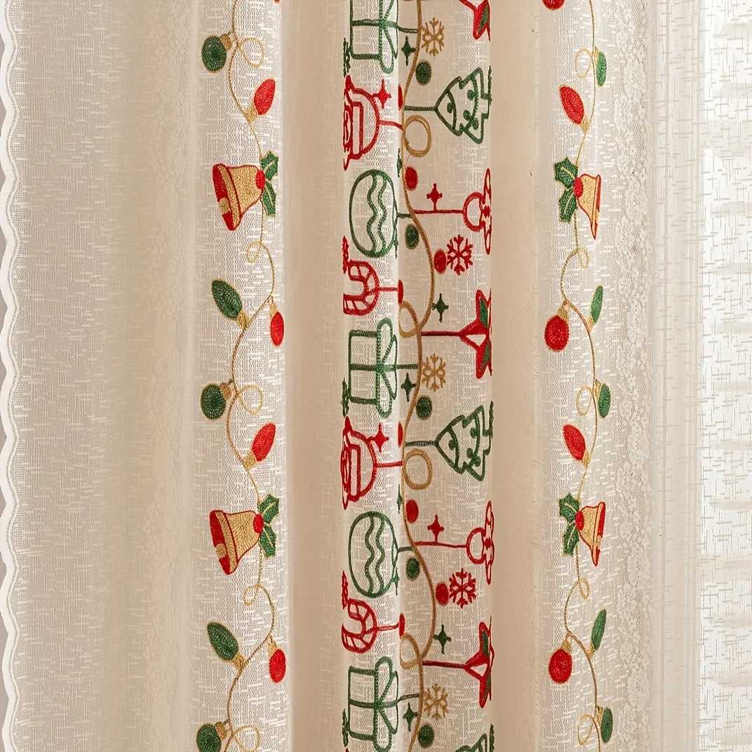 Christmas 1Pc Warp-Knitted Embroidered Santa Claus Bell Christmas Curtain Rod-Top Window Drape Home Decoration 2025 Model Y251126