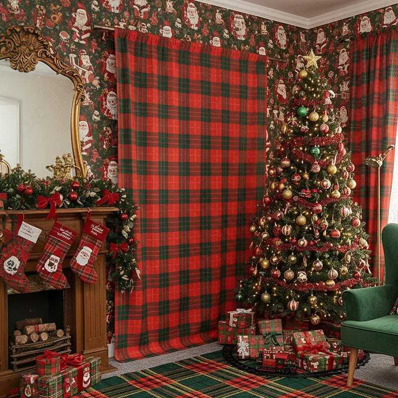 Christmas Christmas Plaid Pole Curtain Child Room Living Room Curtain Partition Home Interior Curtains Kitchen Bathroom Balcony Curtains Y251126