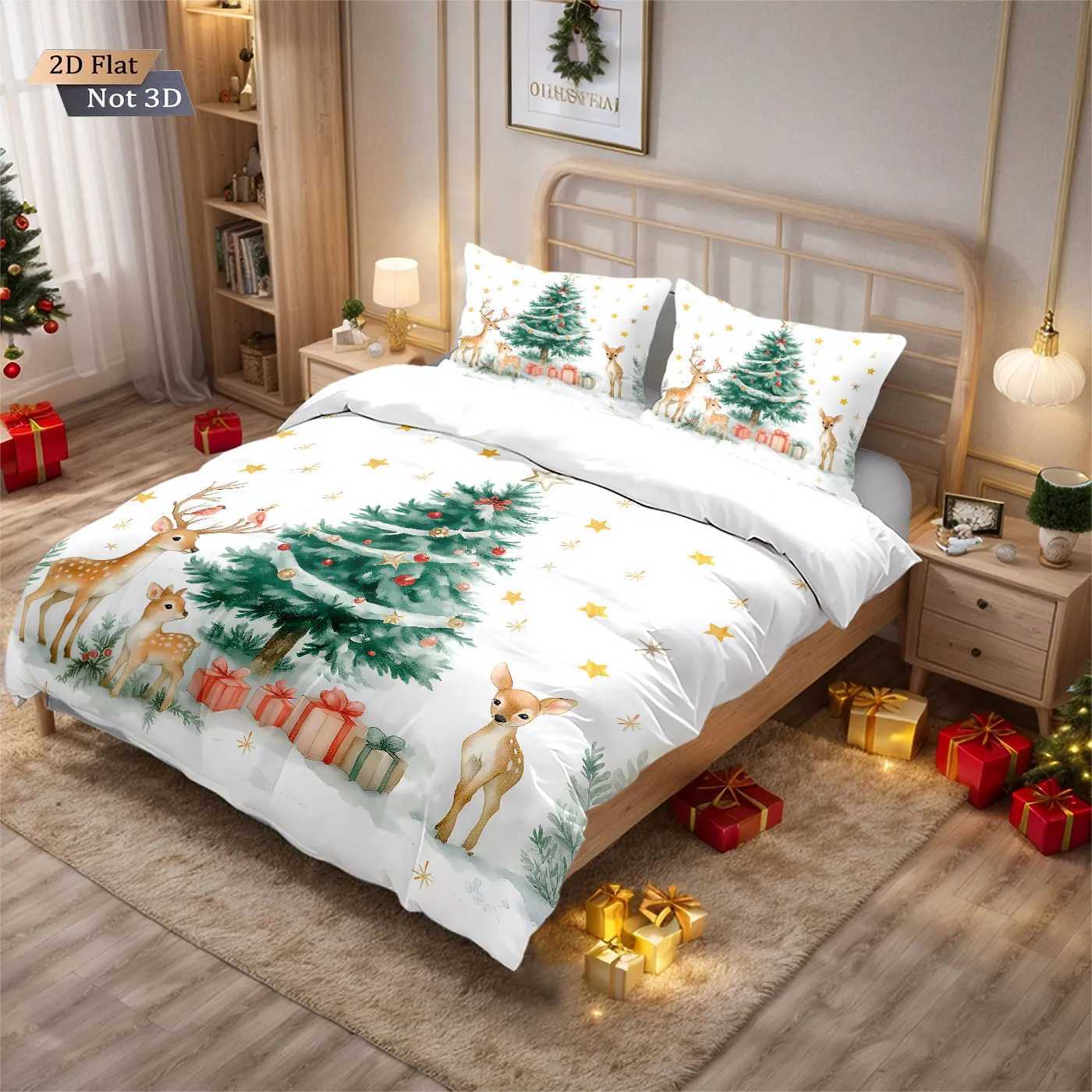 Christmas 3pcs Merry Christmas Cute Deer Printed Core Free Down Duvet Cover Multi Sized Bedroom Holiday Bed Decor Machine Washable Y251126