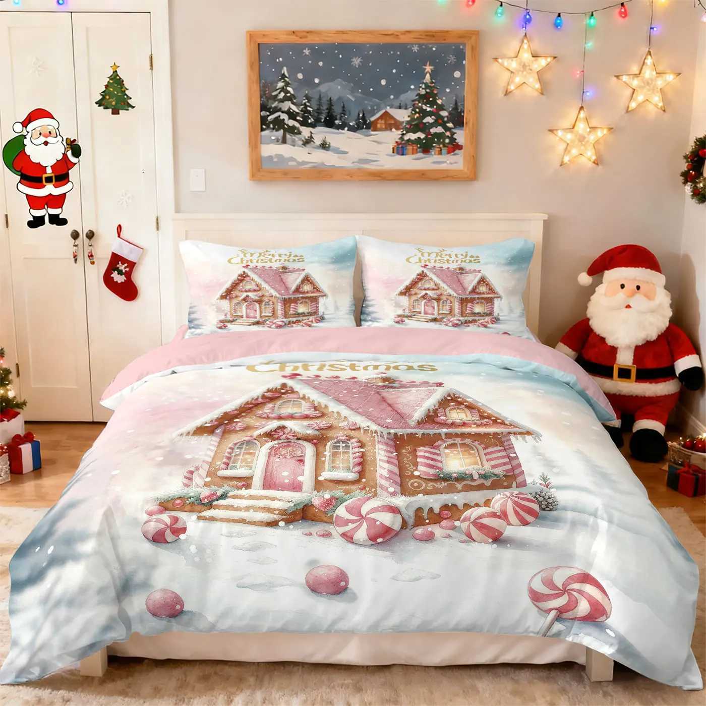 Christmas 3pcs pink romantic Christmas cottage Merry Christmas print choreless bedding set multi size bedroom bedding holiday decoration Y251126