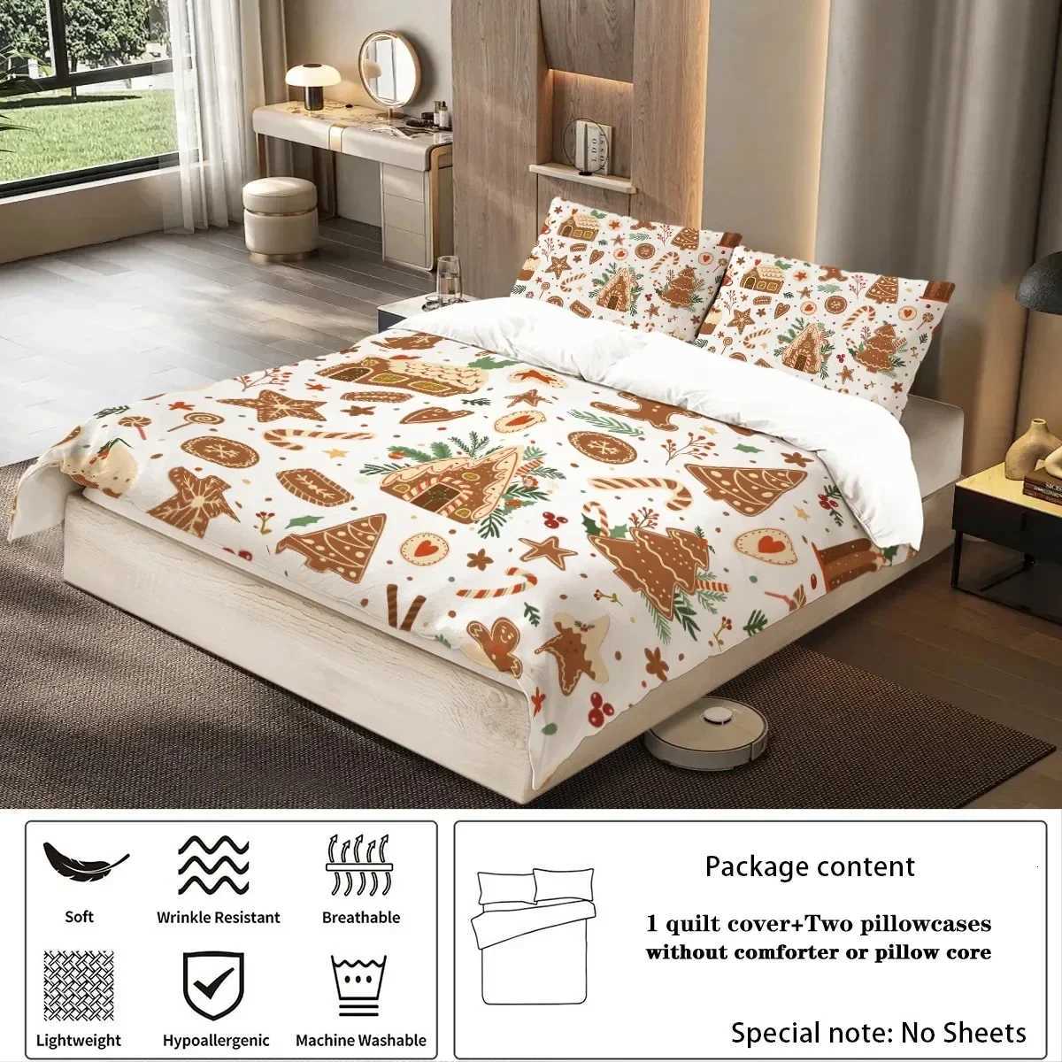 Christmas Christmas Cottage Gingerbread Man Brown Print Quilt Cover with Pillowcases Skin-friendly Warm soft Breathable Bedding Set Y251126
