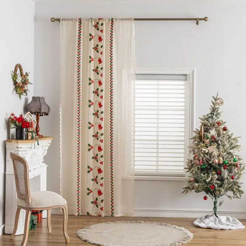 Curtain Christmas 2 Panel Santa Claus Lace Gauze Curtains Christmas Bell Embroidery Curtains Translucent Lace Curtains Home Decoration Curtains Y25112