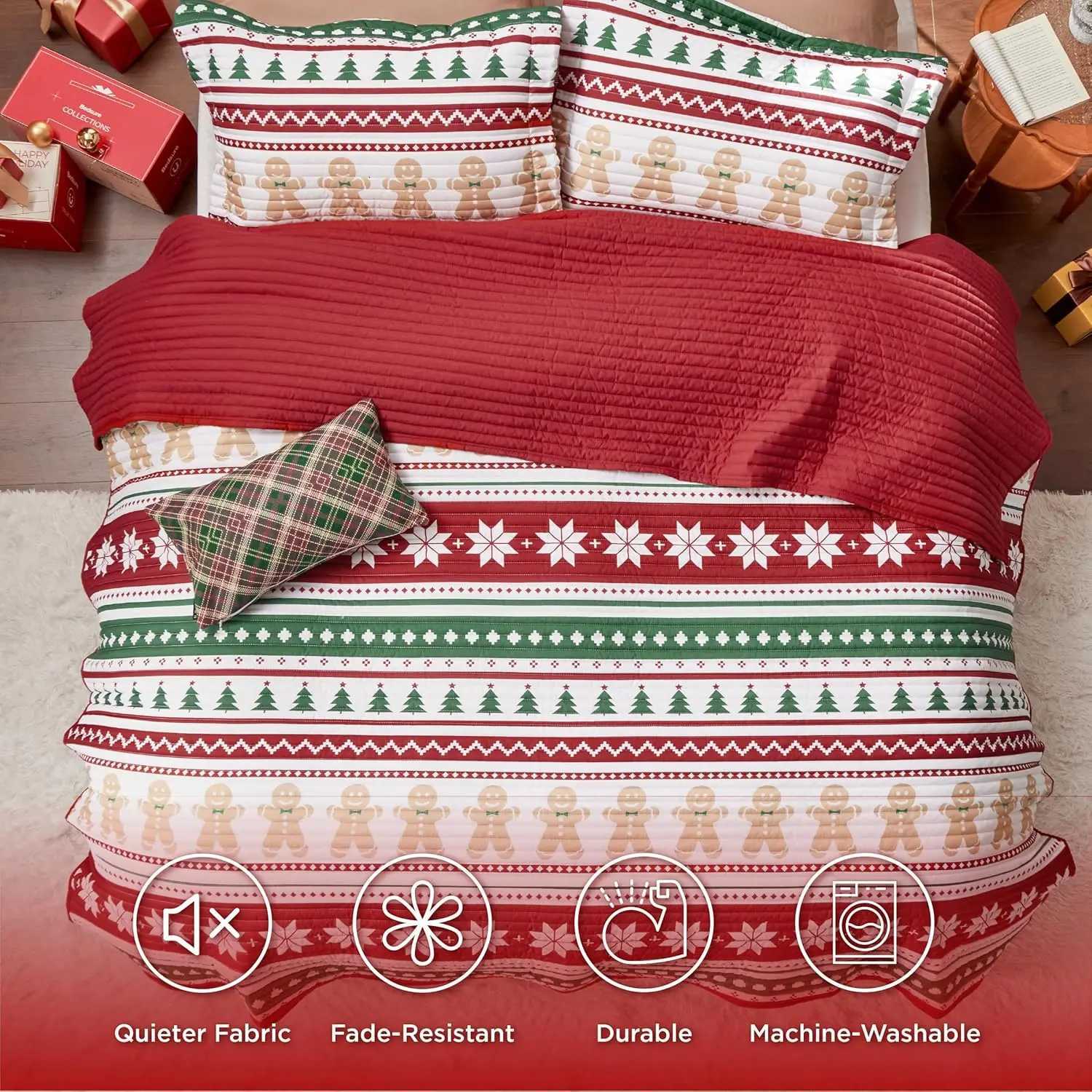 Christmas Christmas Quilt Set King Red Quilt for King Size Bed Gingerbread Man Striped Printed Pattern Christmas Bedding Set Soft Microfib Y251126