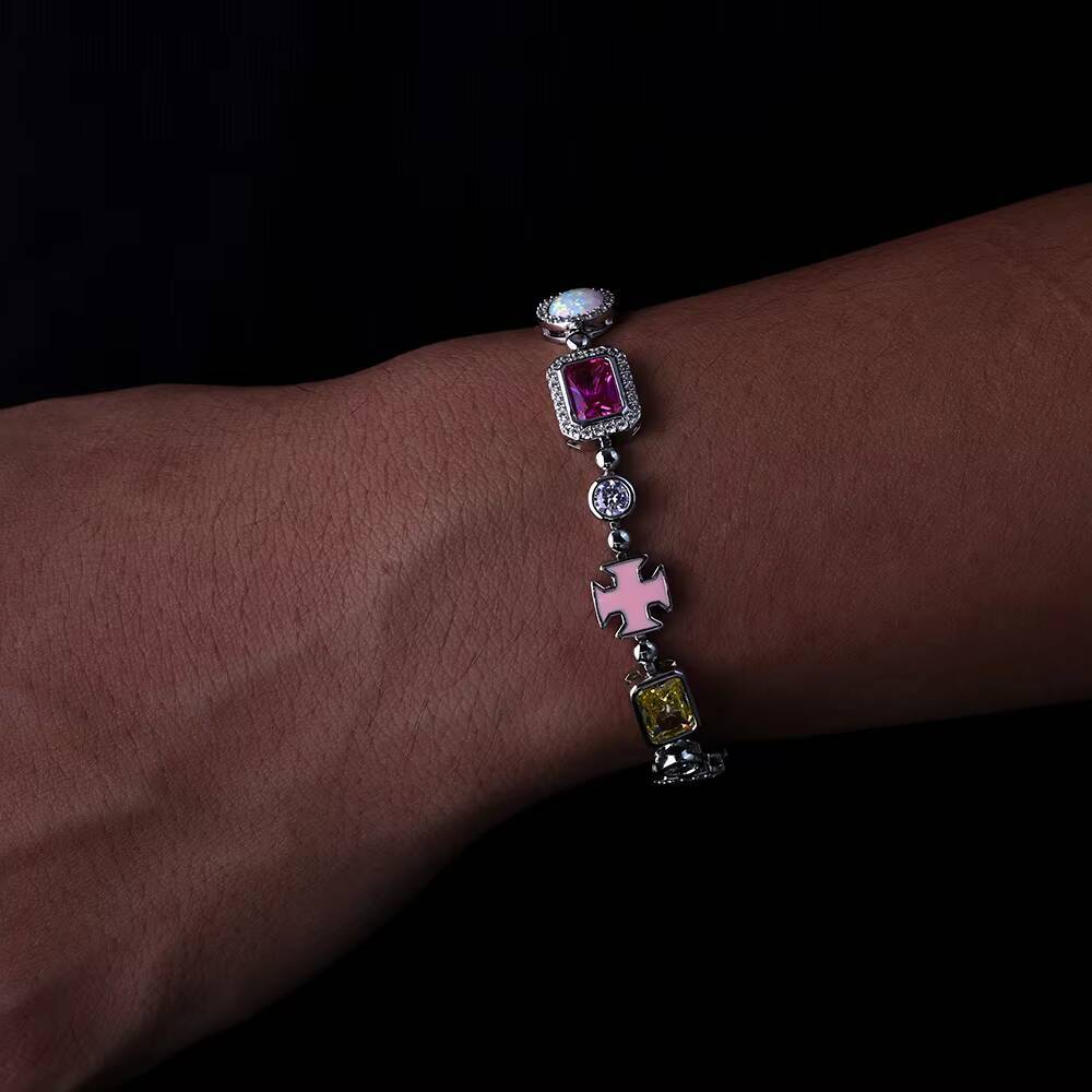 Hip Hop Jewelry Iced Out Multi Color Cubic Zirconia Cz Gemstone Tennis Bracelet Mixed Colored Enamel Motif Bracelet for Women