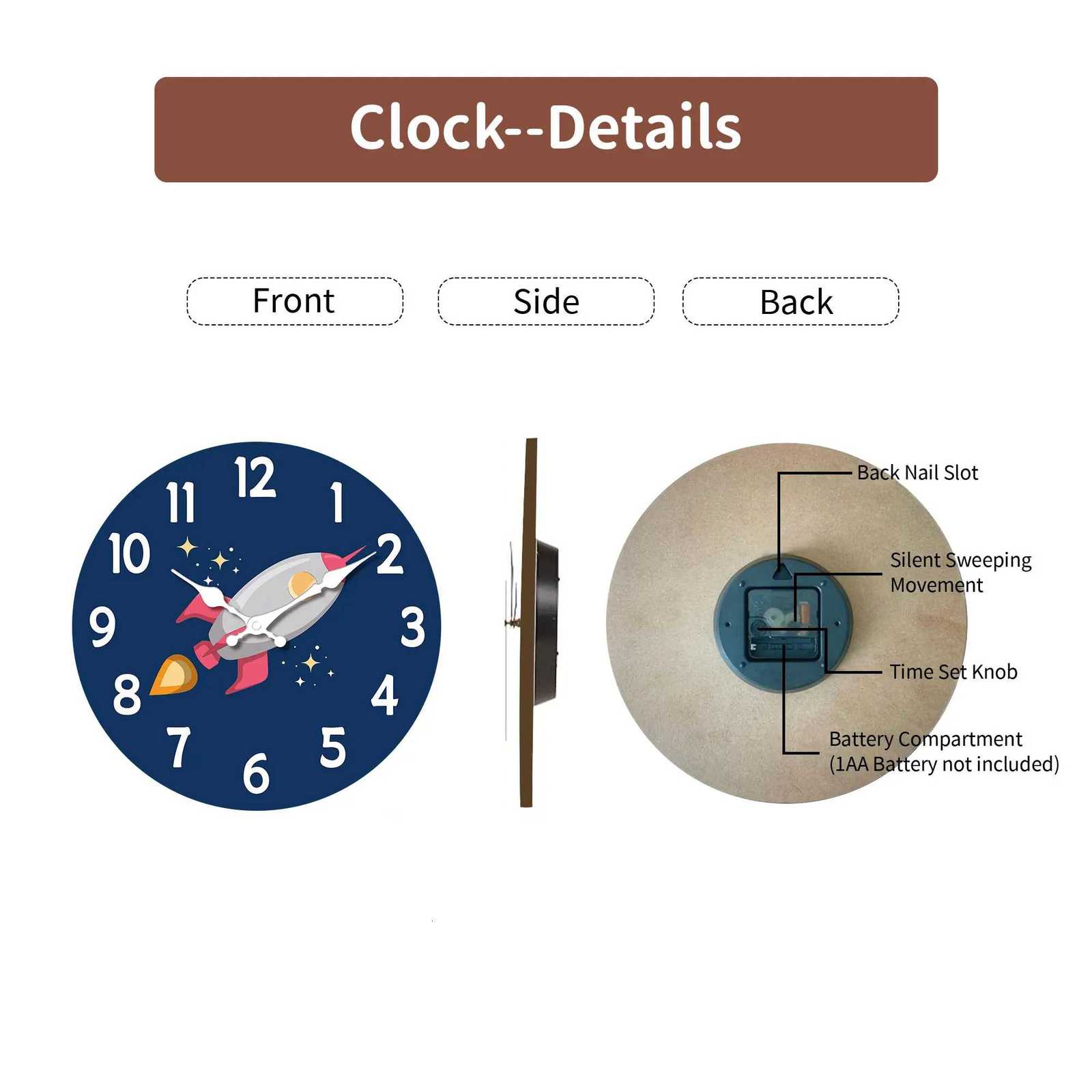 1pc 12 inch wooden wall clock space rocket design cartoon wall clock silent clock suitable for living room bedroom room deco C251126