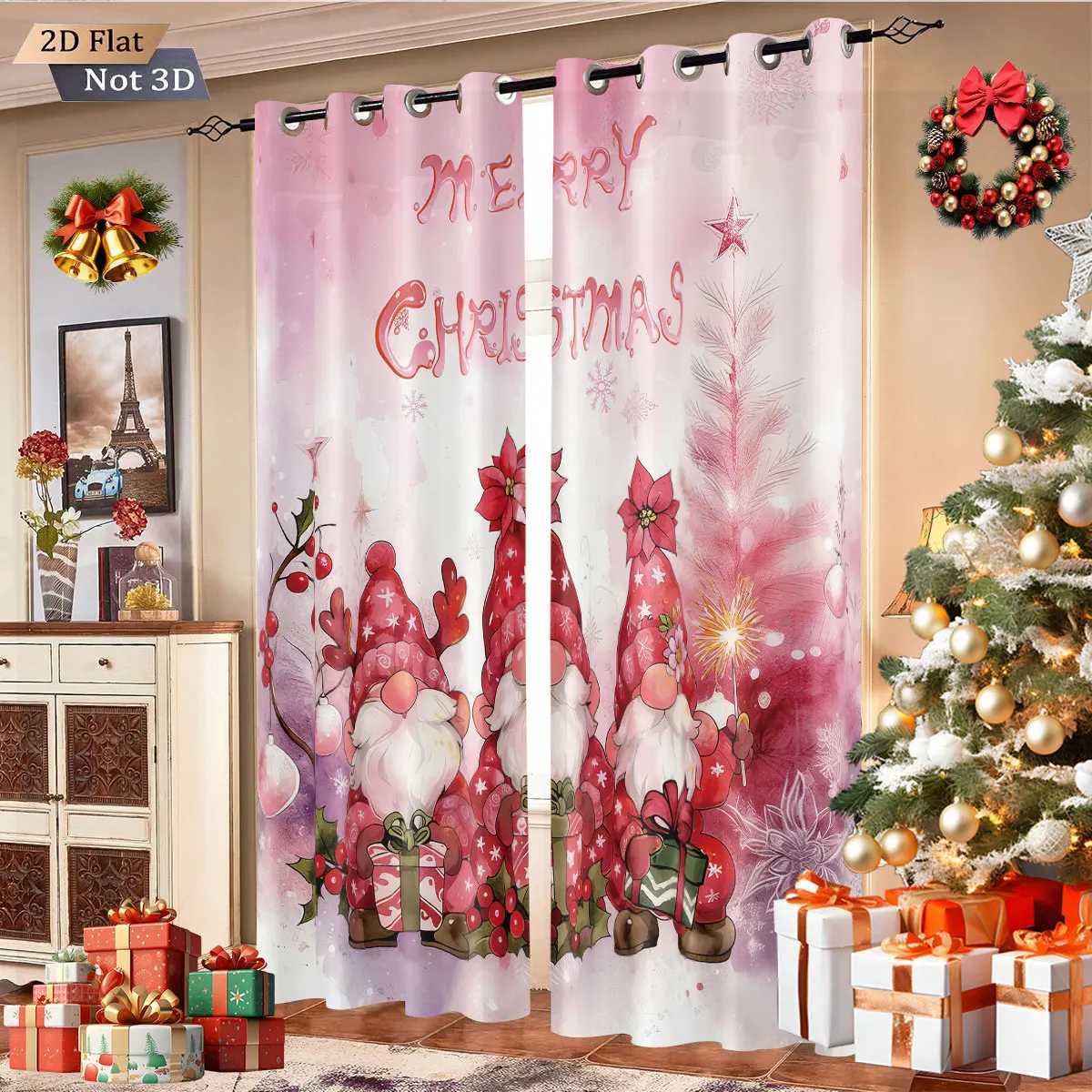 Curtain Christmas 2pcs Pink Romantic Christmas Merry Christmas goblin print blackout curtains Multi size living room insulation holiday decoration Y25